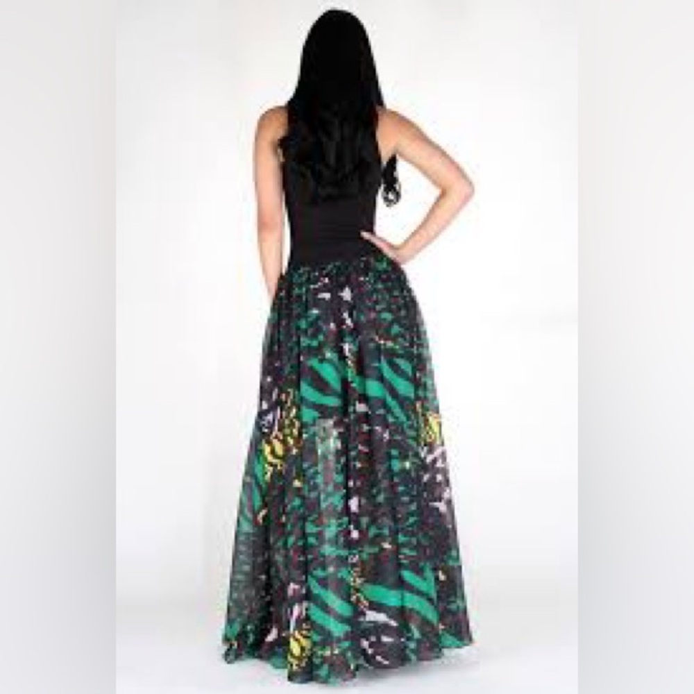 Akira TIFFANY super flare abstract vibrant formal evening green maxi skirt sz S